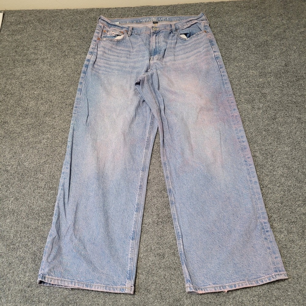 American Eagle Jeans Womens Size 14 Blue Strigid Wide Leg Distressed Pink Tint